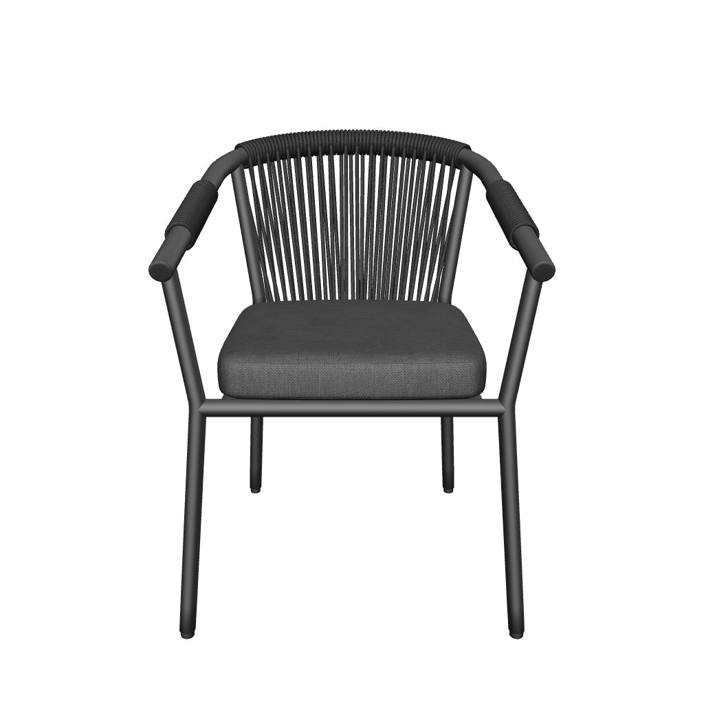 Moderner Xelida Gartenstuhl aus schwarzem Aluminium und Seil, stapelbar und ideal für den Außenbereich.
