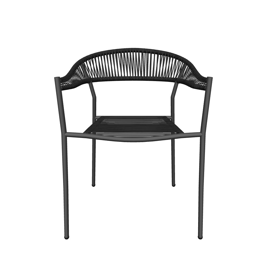 Stapelbarer Gartenstuhl Futadera aus grauem Kunststoffseil und grauem Stahlgestell, modernes und funktionales Design.