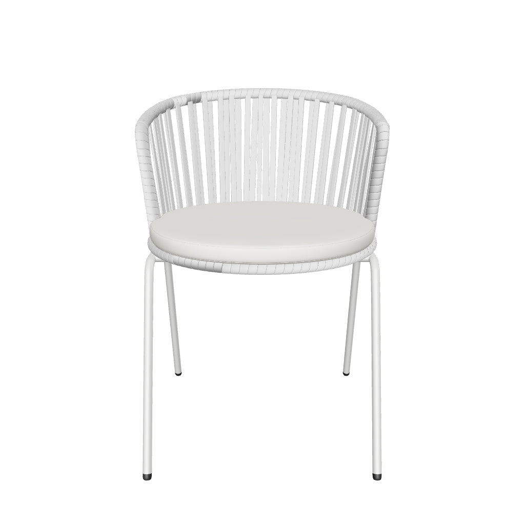 Moderner Outdoor-Stuhl Saconca aus grauem Seilgeflecht und robustem, verzinktem Stahl.