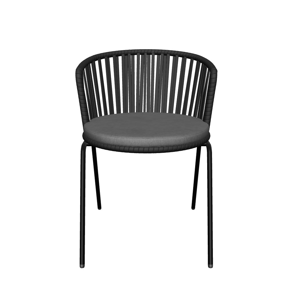 Schwarzer Saconca Outdoor-Stuhl aus geflochtenem Seil und verzinktem Stahl, ideal für moderne Außenbereiche.