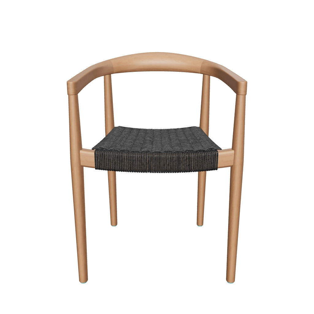 Stapelbarer Outdoor-Stuhl Ydalia aus Teakholz mit natürlichem Finish und schwarzer Seilbespannung, ideal für Terrasse oder Garten.