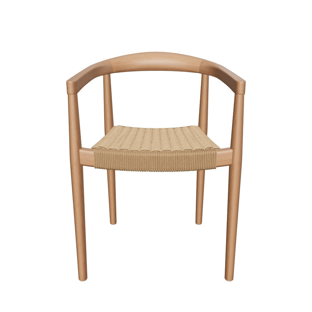Stapelbarer Outdoor-Stuhl Ydalia aus massivem Teakholz mit natürlichem Finish und beigem Seilgeflecht.