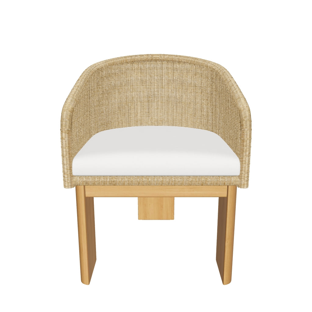 Stuhl aus synthetischem Rattan und FSC-zertifiziertem massivem Eukalyptusholz, modernes und nachhaltiges Design.
