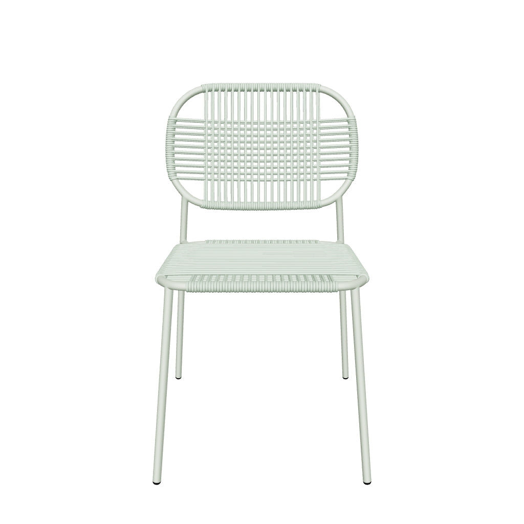 Moderner stapelbarer Outdoor-Stuhl Talaier mit türkisfarbenem synthetischem Seilgeflecht und robustem verzinktem Stahlgestell, ideal für Terrasse oder Garten.