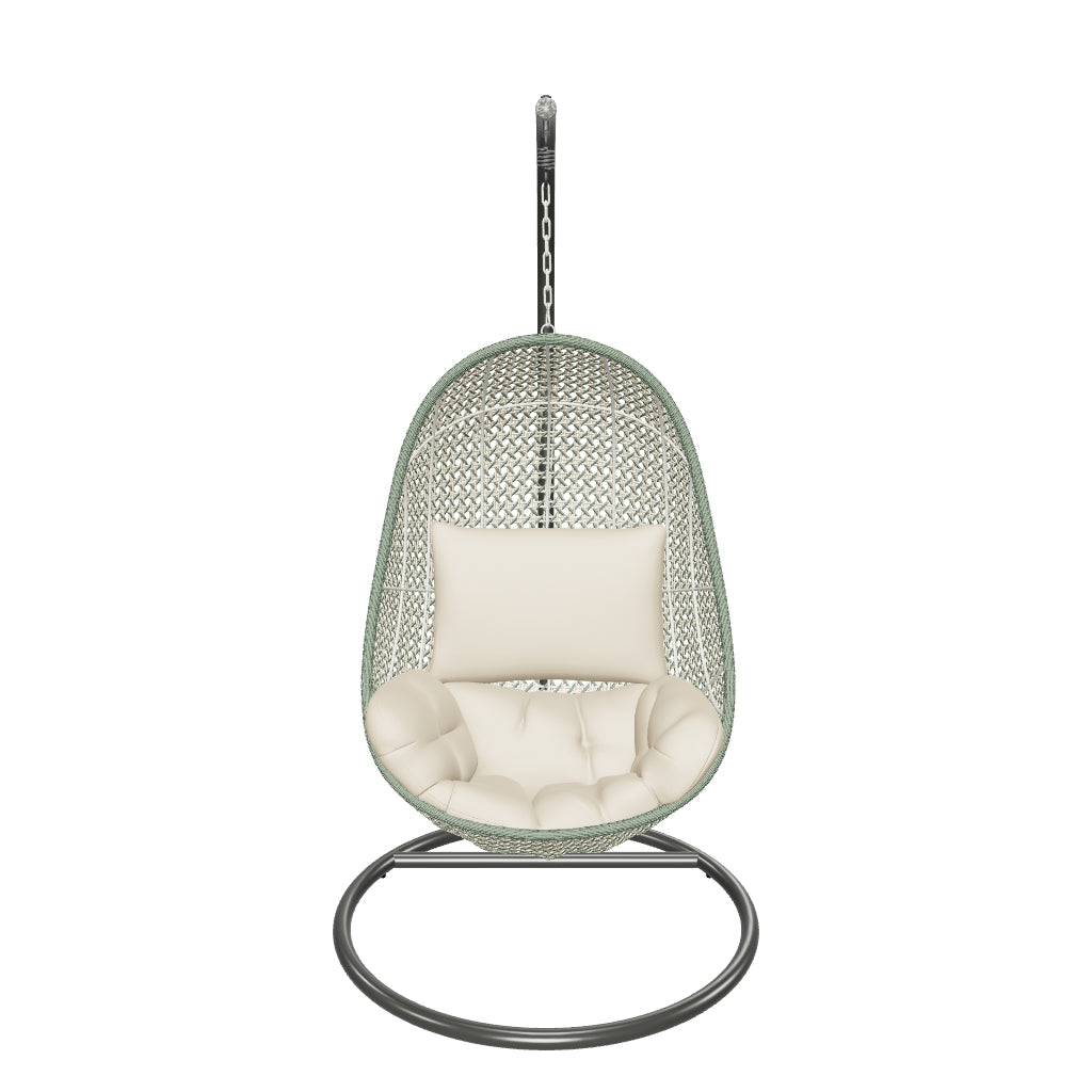 Hängesessel Cira in buntem Design mit robustem dunkelgrauem Standfuß, geeignet für Innen- und Außenbereiche, bietet eine gemütliche Sitzgelegenheit.