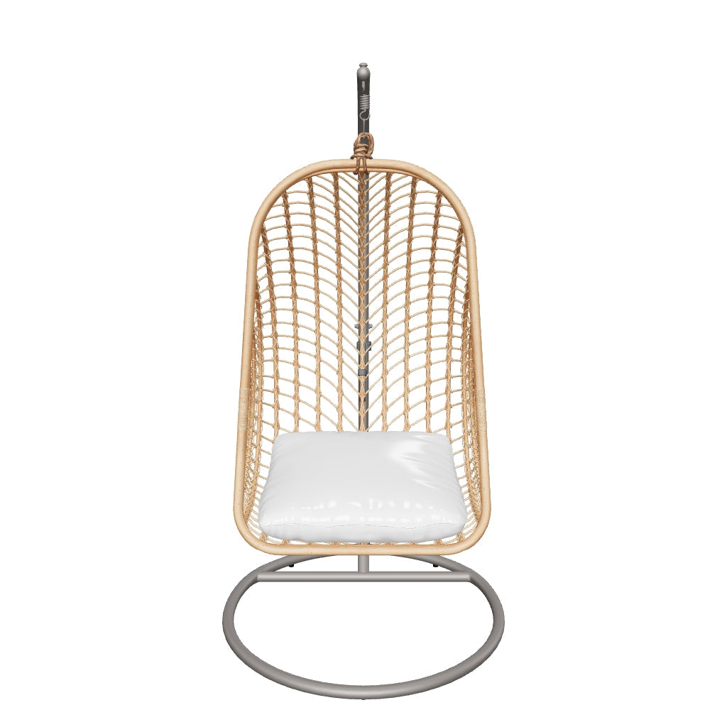 Moderner Hängesessel aus Rattan mit stabilem dunklem Standfuß, perfekt für gemütliche Stunden und ein stilvolles Ambiente.