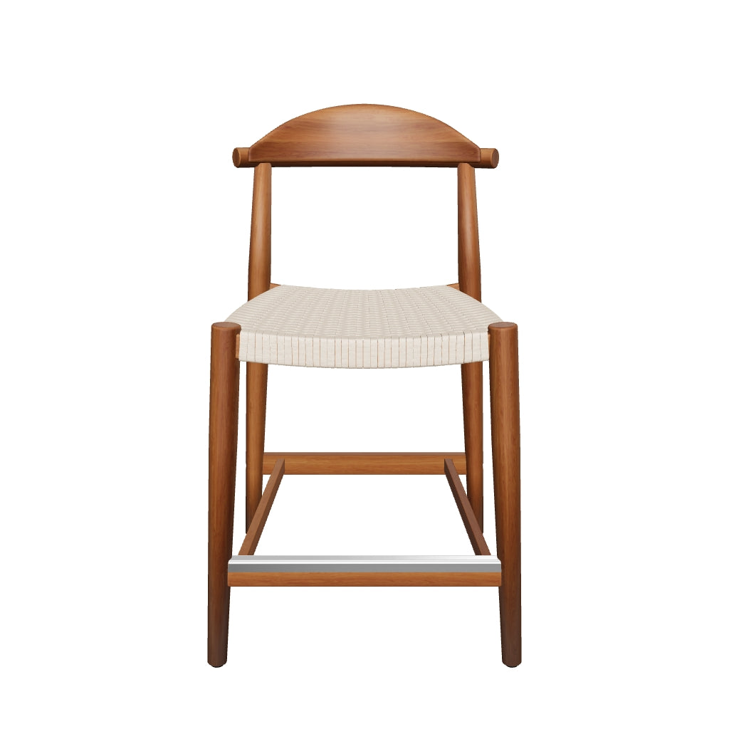 Hocker Nina aus massivem Akazienholz mit nussbaumfarbenem Finish, beigem Seilgeflecht und einer Höhe von 62 cm, nachhaltig hergestellt mit FSC 100%-Zertifizierung.