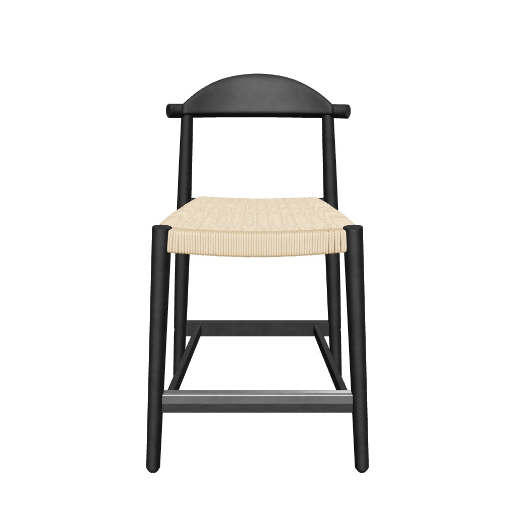 Hocker aus massivem Akazienholz mit schwarzer Lackierung und beigem Seilgeflecht, 62 cm hoch, nachhaltig hergestellt mit FSC 100%-Zertifizierung.