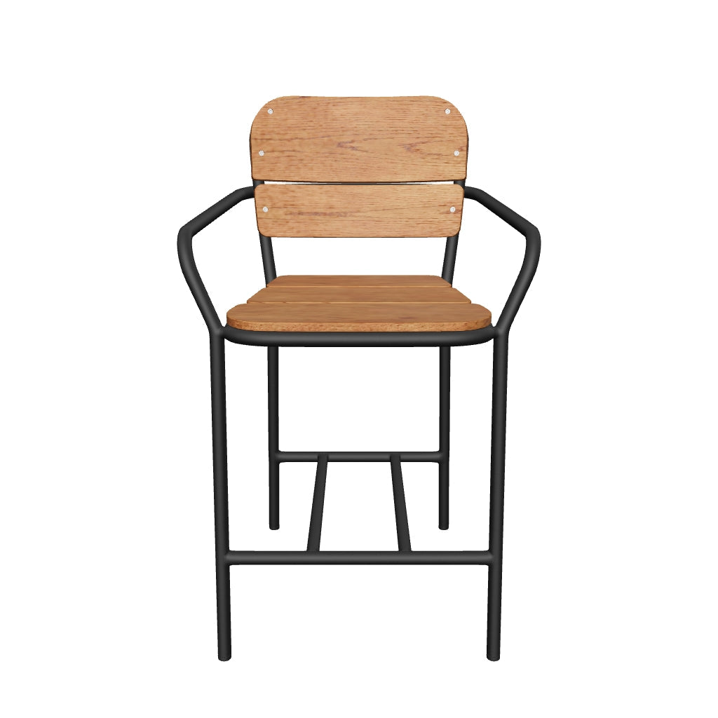 Hocker aus massivem Eukalyptusholz mit natürlichem Finish und schwarzem Aluminiumgestell, 65 cm hoch, nachhaltig und FSC-zertifiziert.
