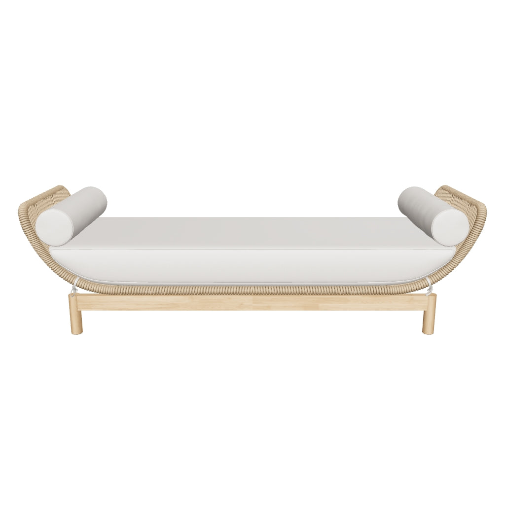 Catalina Daybed aus nachhaltigem Akazienholz und beigem, handgeflochtenem Seil – modernes Design für den Außenbereich.