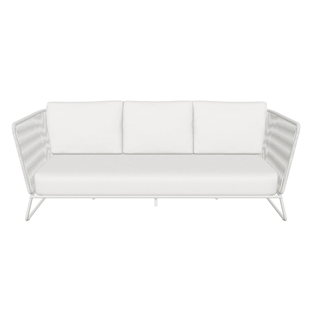 3-Sitzer-Outdoor-Sofa Saconca aus grauem Stahl und geflochtenem Seil, modernes Design, robust und perfekt für den Außenbereich.