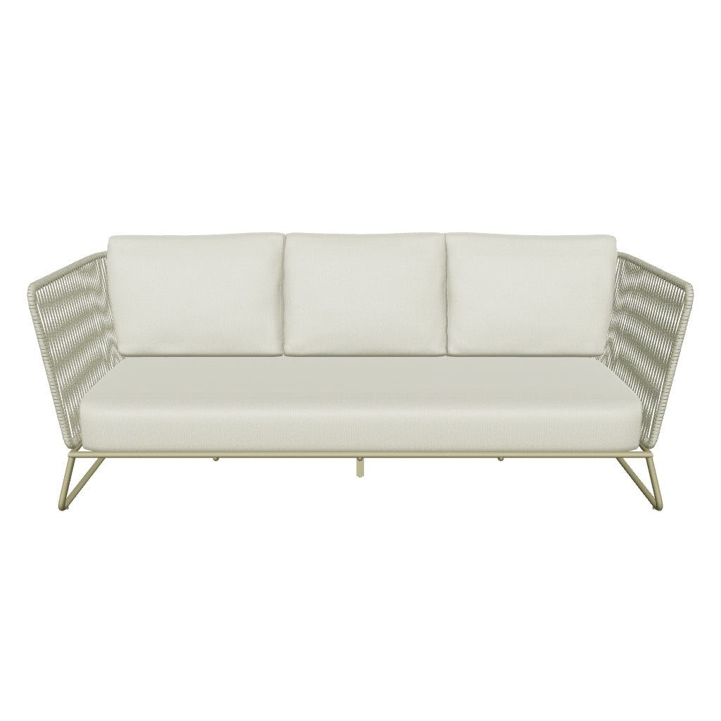 3-Sitzer-Außensofa Saconca mit grünem Geflecht und robustem verzinktem Stahlrahmen.
