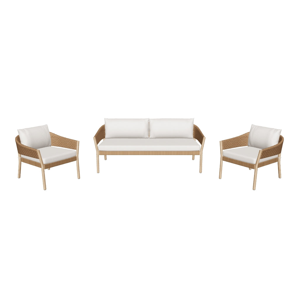 Stapelbares Pola Gartenmöbel-Set mit 2-Sitzer-Sofa und 2 Sesseln aus massivem FSC-zertifiziertem Eukalyptusholz und langlebigem Kunstrattan, ideal für stilvolle Outdoor-Bereiche.