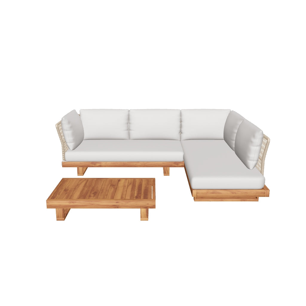 5-teiliges Raco Gartenmöbel-Set mit Ecksofa und Couchtisch aus massivem, FSC-zertifiziertem Akazienholz – stilvoll und nachhaltig für den Außenbereich.