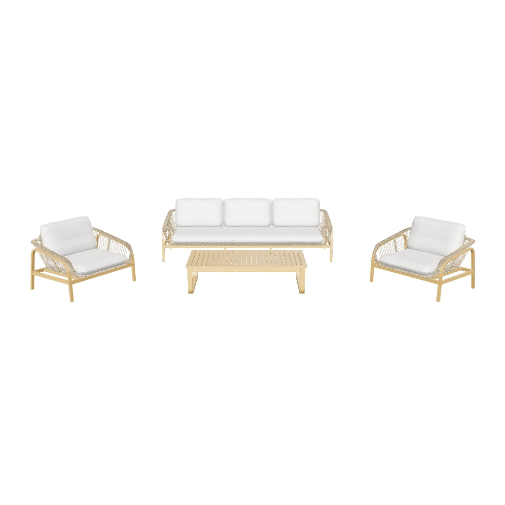 Set aus 3-Sitzer-Sofa, 2 Sesseln und Couchtisch aus massivem, FSC-zertifiziertem Akazienholz in modernem Design.