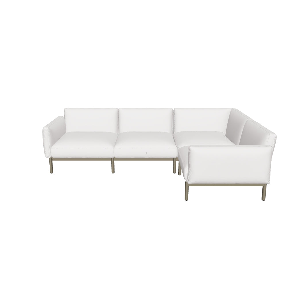 Modulares Outdoor-Ecksofa mit beigen Kissen und grünem Aluminiumgestell, 5-Sitzer-Design, ideal für Garten oder Terrasse.