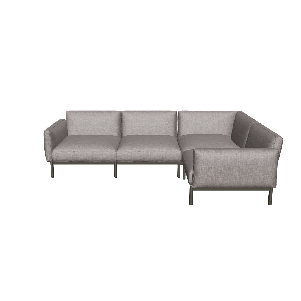 Modulares Outdoor-Ecksofa mit 5 Sitzplätzen, graue Polsterung, langlebiger Aluminiumrahmen, modernes Design, Maße 276x191,5 cm.
