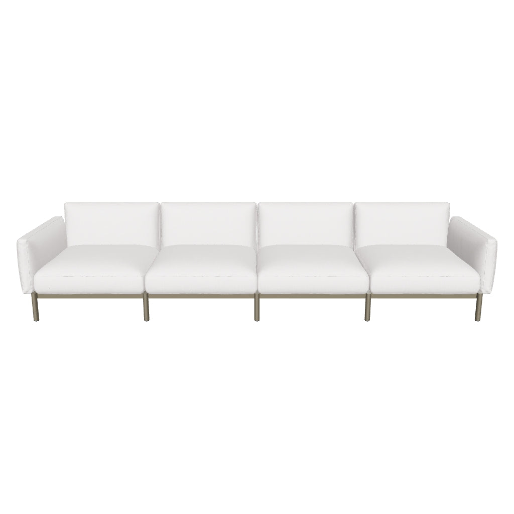 Modulares 4-Sitzer-Sofa für den Außenbereich aus grünem Aluminium, modernes Design, vielseitig kombinierbar und ideal für Garten oder Terrasse.