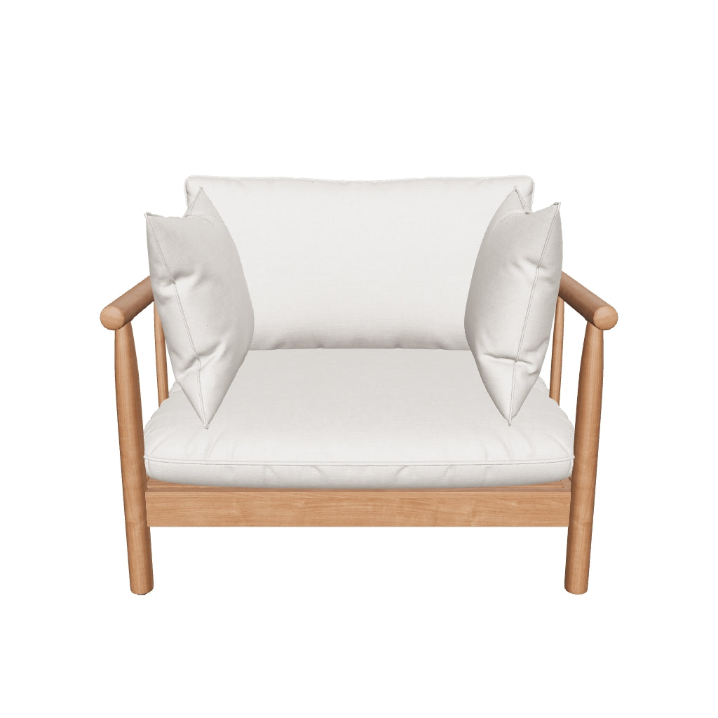 Moderner Sacova Sessel aus 100% FSC-zertifiziertem Eukalyptusholz mit elegantem und zeitlosem Design.