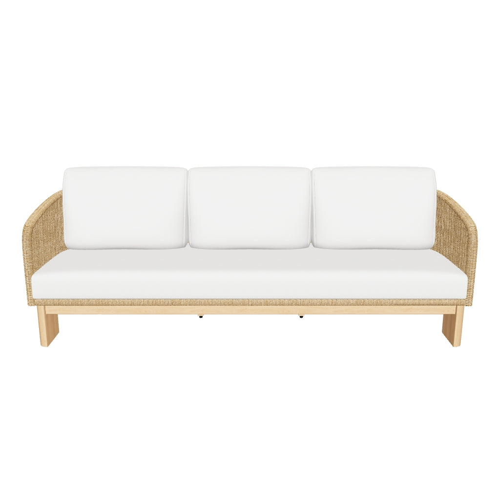3-Sitzer-Sofa aus langlebigem synthetischem Rattan und FSC-zertifiziertem Eukalyptusholz, ideal für moderne Outdoor-Bereiche.
