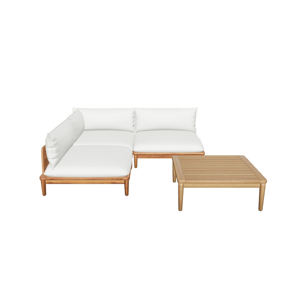 Modulares Gartenmöbel-Set aus Teakholz: Ecksessel, zwei Sessel und Couchtisch – robust, vielseitig und ideal für entspannte Außenbereiche.
