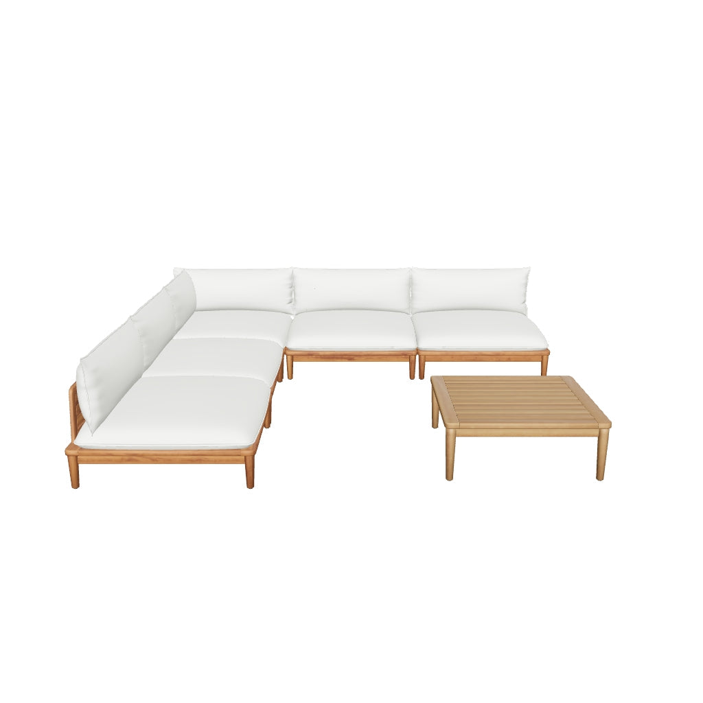 Modulares Gartenmöbel-Set aus massivem Teakholz: Ecksessel, vier Sessel und Couchtisch – zeitloses Design für den Außenbereich.