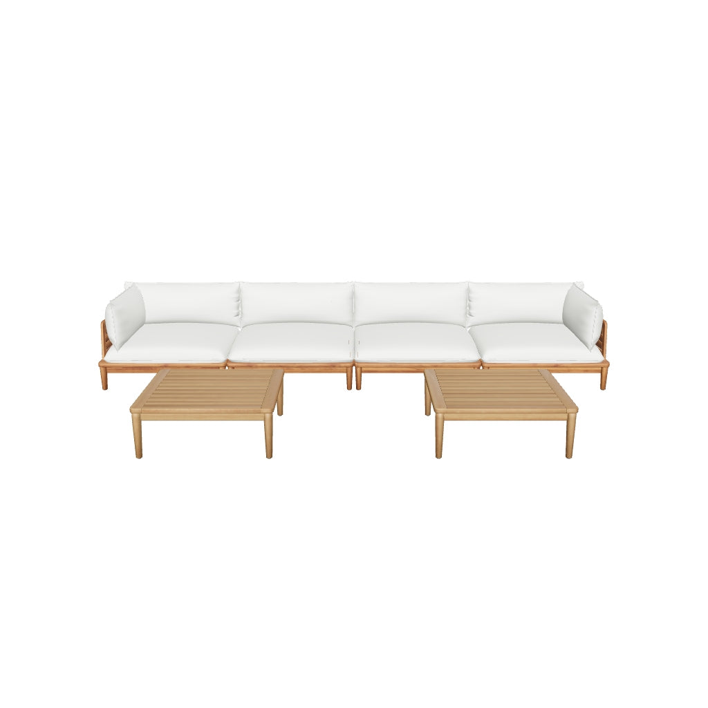 Modulares Gartenmöbel-Set aus Teakholz: 2 Ecksessel, 2 Sessel und 2 Couchtische, robust, wetterbeständig und vielseitig kombinierbar.