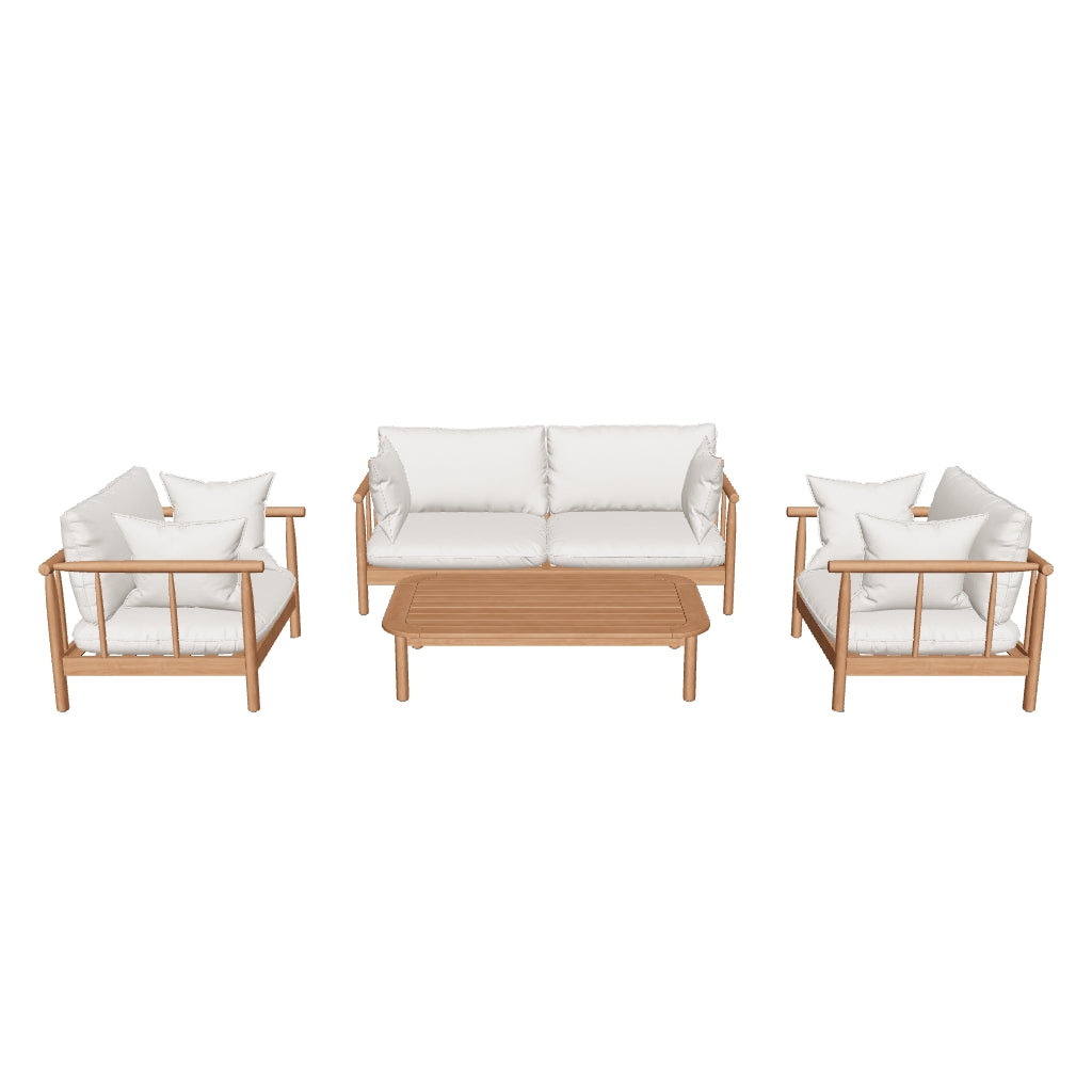 Outdoor-Möbelset aus massivem Eukalyptusholz (FSC 100%): bestehend aus zwei Sesseln, einem 2-Sitzer-Sofa und einem Couchtisch – ideal für Terrasse oder Garten.