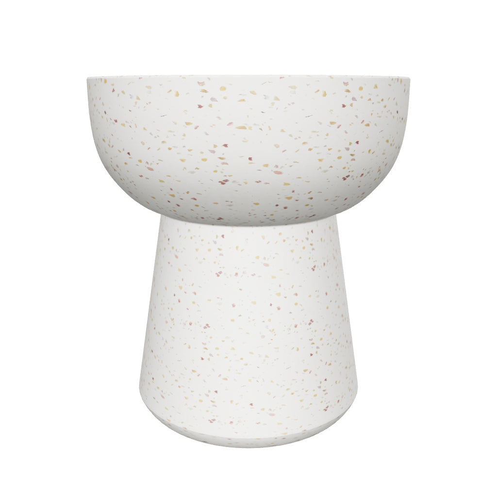 Runder Beistelltisch Pada aus weißem Terrazzo mit 40 cm Durchmesser, modernes und minimalistisches Design.