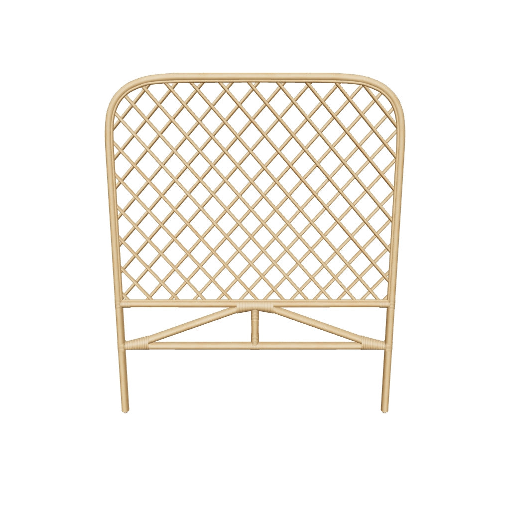 Rattan-Kopfteil Citlalli mit natürlichem Finish, passend für 90 cm breite Betten – eine nachhaltige und platzsparende Wahl mit zeitlosem Design.