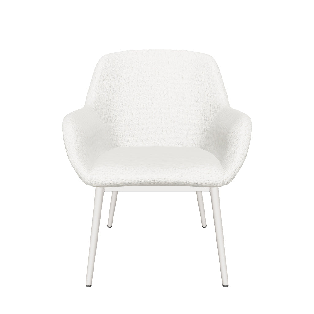 Kinderstuhl mit weichem weißem Bouclé-Stoff und beigen Stahlbeinen, modernes Design für komfortables Sitzen im Kinderzimmer.