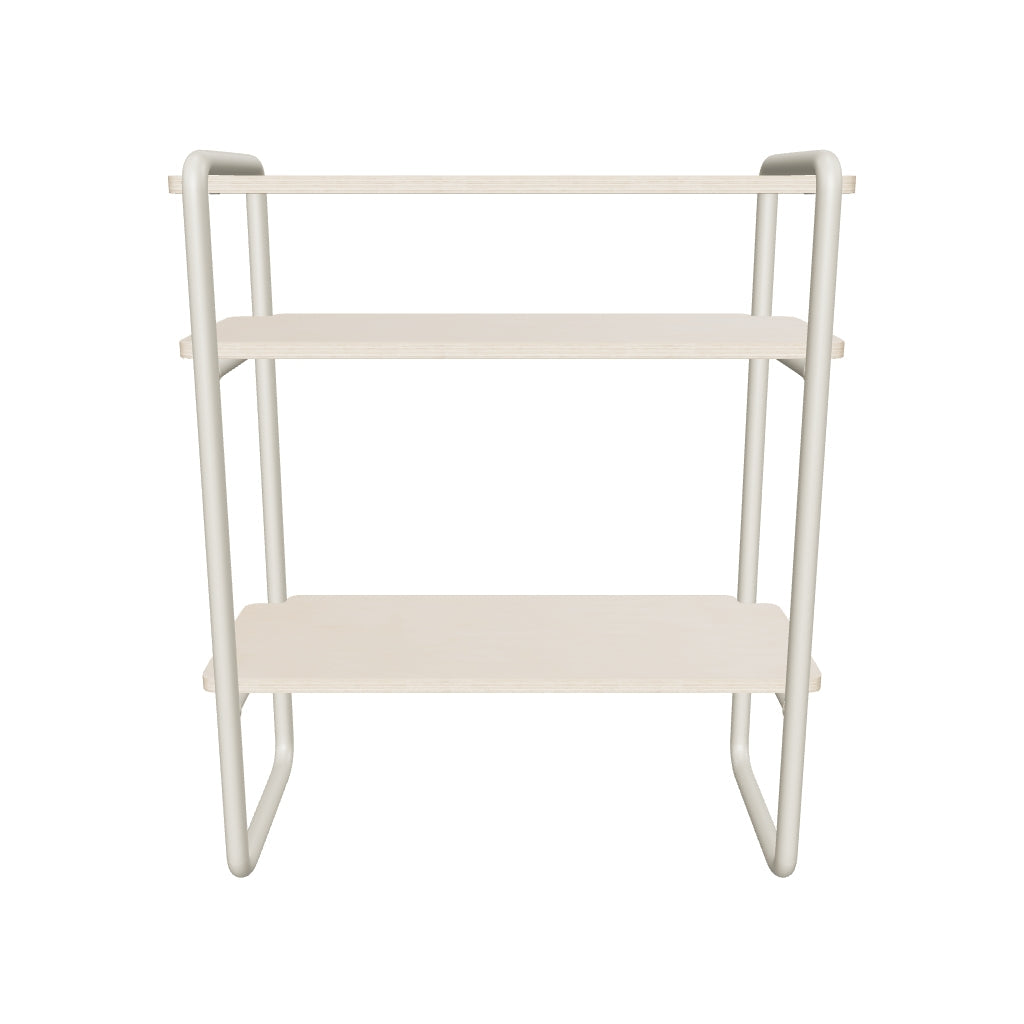 Regal aus Eschenfurnier mit beiger Metallstruktur, 70 x 60 cm, modernes Design für vielseitige Nutzung.