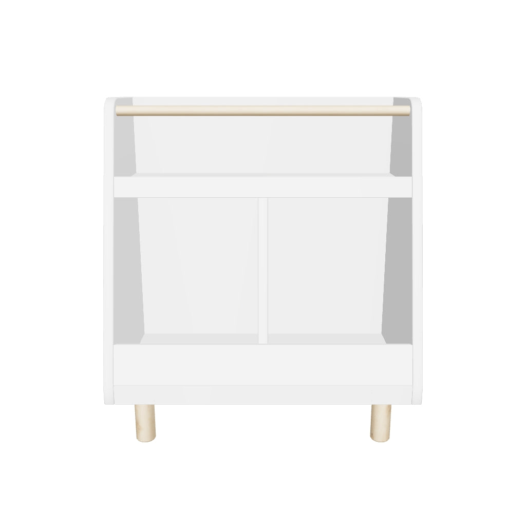 Weißes Serwa Bücherregal aus MDF mit stabilen Kiefernholzbeinen und Querstrebe, modernes Design, ideal zur Aufbewahrung von Büchern und Spielzeug.