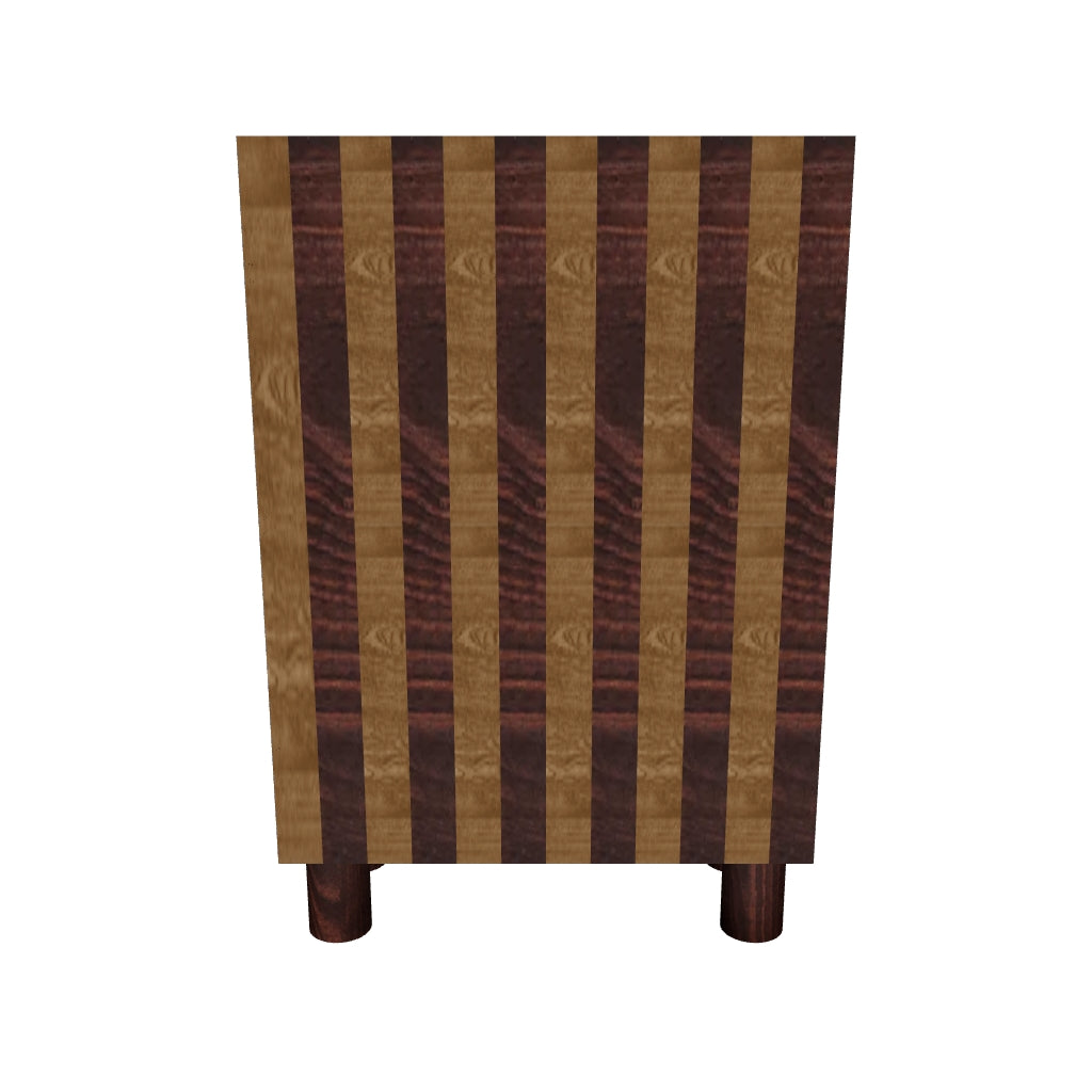 Eleganter Schrank im brutalistischen Stil mit kunstvoller Marketerie und verstecktem Öffnungsmechanismus.