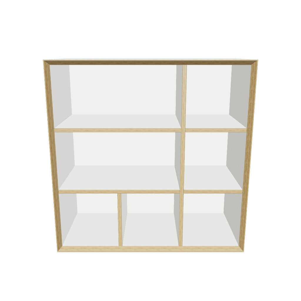 Ein flexibles Möbelstück aus weißem Birkenholz, das als Sekretär oder Minibar dient, mit grifflosen Türen und variabler Platzierung.