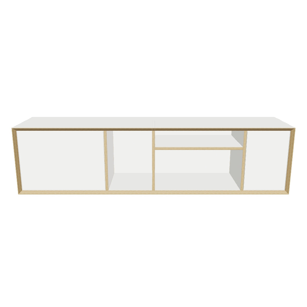 Elegantes, flexibles Möbelstück aus weißem Birkenholz, ideal als Sekretär oder Minibar, mit grifflosen Türen.