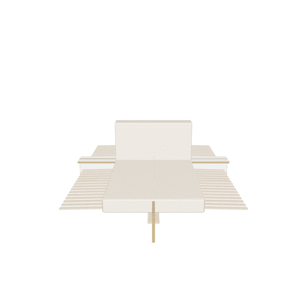 MAUDE Bett: Flexibles Design von Michael Mettler, ideal zum Relaxen, Lesen und Frühstücken. Anpassbare Sitzlehnen.