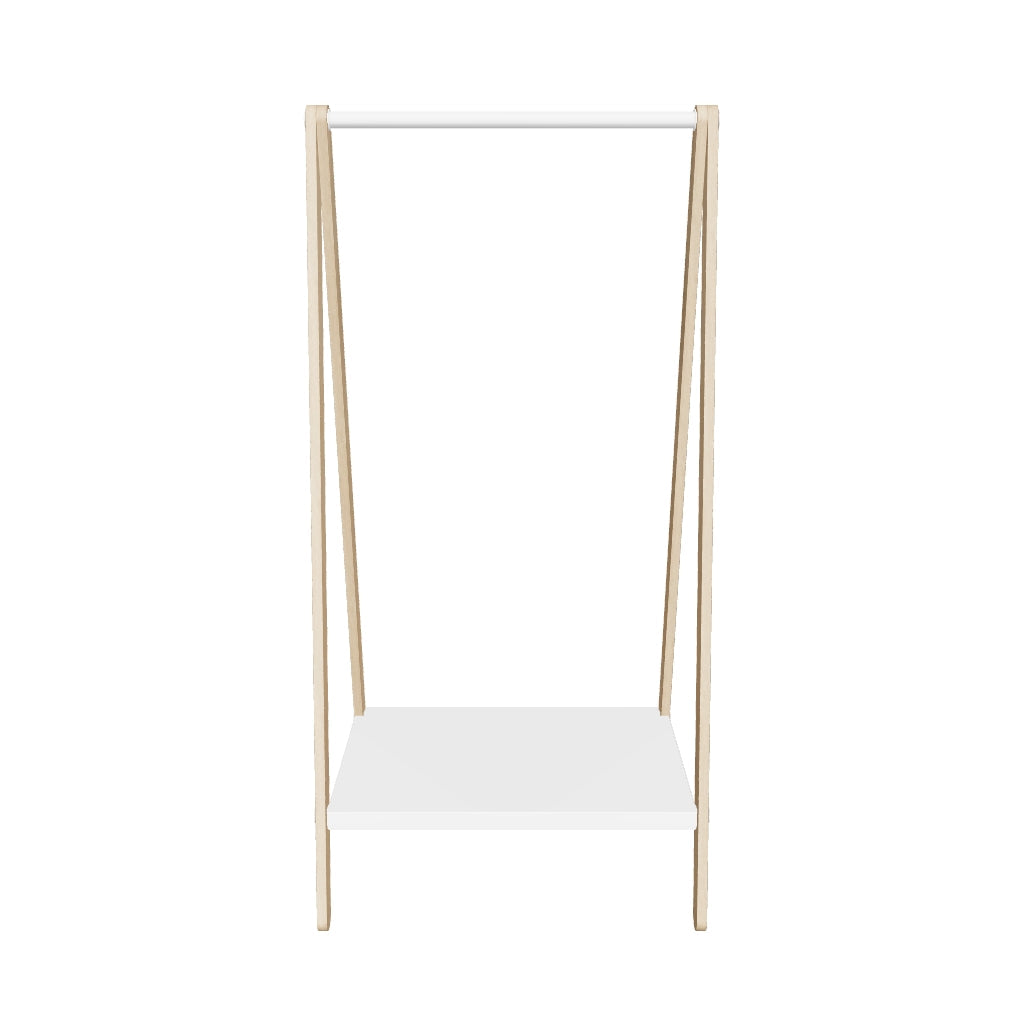 Eleganter Kleiderständer aus Esche mit weißer Ablage, ideal für stilvolle Organisation.