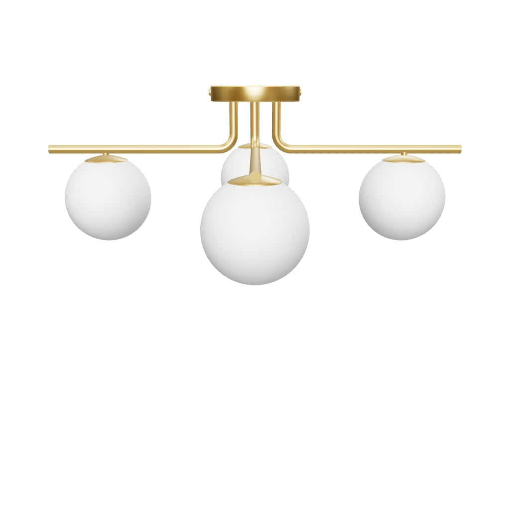 Deckenleuchte Brisia aus Metall mit gebürstetem Messing-Finish und vier mattierten Glaskugeln Ø 15 cm in Gold, Weiss präsentiert im Onlineshop von KAQTU Design AG. Lampenschirm ist von Kave Home
