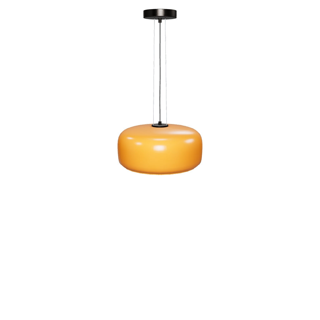 Orangefarbene Deckenleuchte aus Glas mit einem Durchmesser von 38 cm, kombiniert mit eleganten Holzdetails und einem Retro-Design.