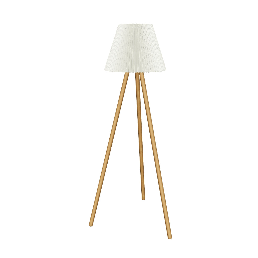 Stehlampe Benicarlo aus Kautschukholz mit natürlichem Holzfinish und beigem Lampenschirm, modernes und minimalistisches Design.