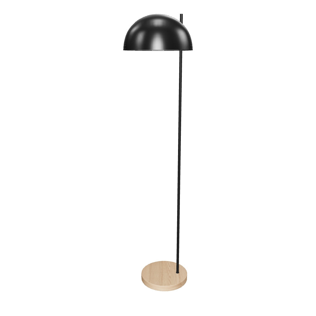 Stehlampe Catlar aus Eschenholz mit schwarzem Metallfinish, modernes und elegantes Design.
