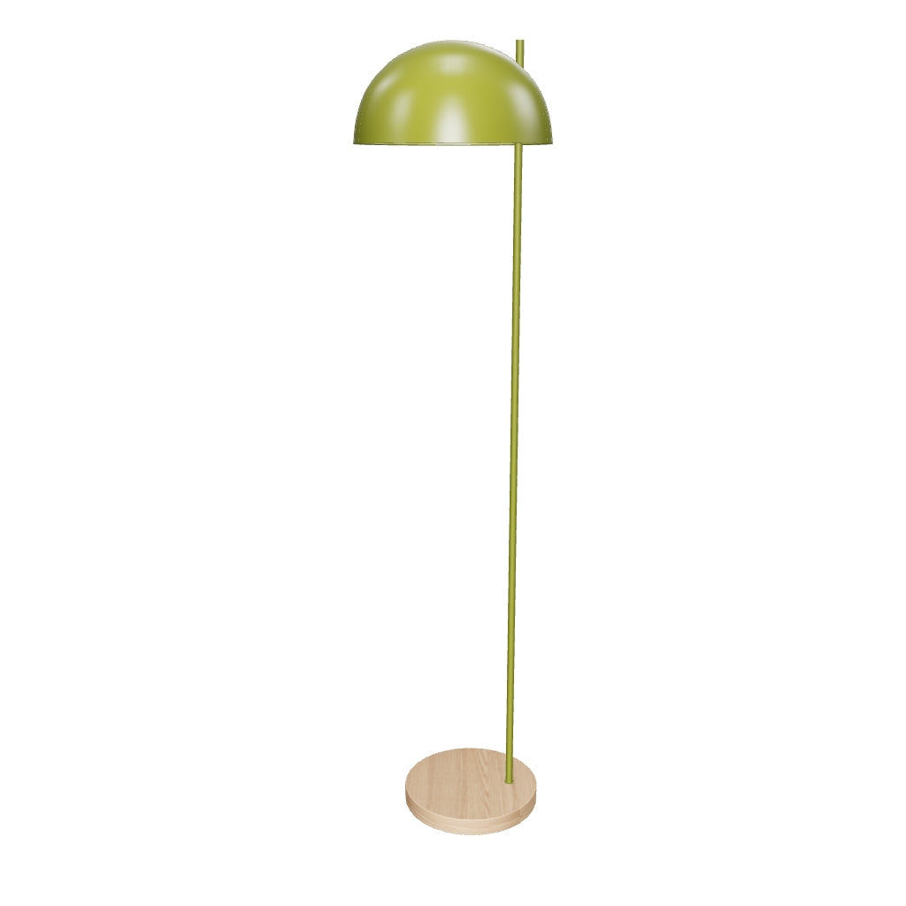 Stehlampe aus Eschenholz mit grün lackiertem Metallschirm, minimalistisches Design mit natürlichem und modernem Touch.