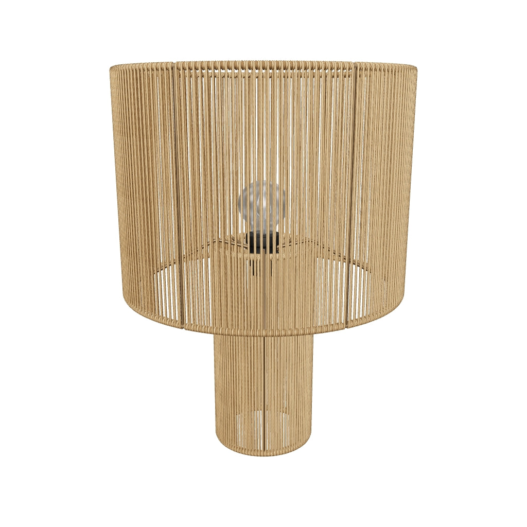 Tischlampe Pontos mit Juteschirm und natürlichem Holzfuß, ideal für eine gemütliche und nachhaltige Einrichtung.