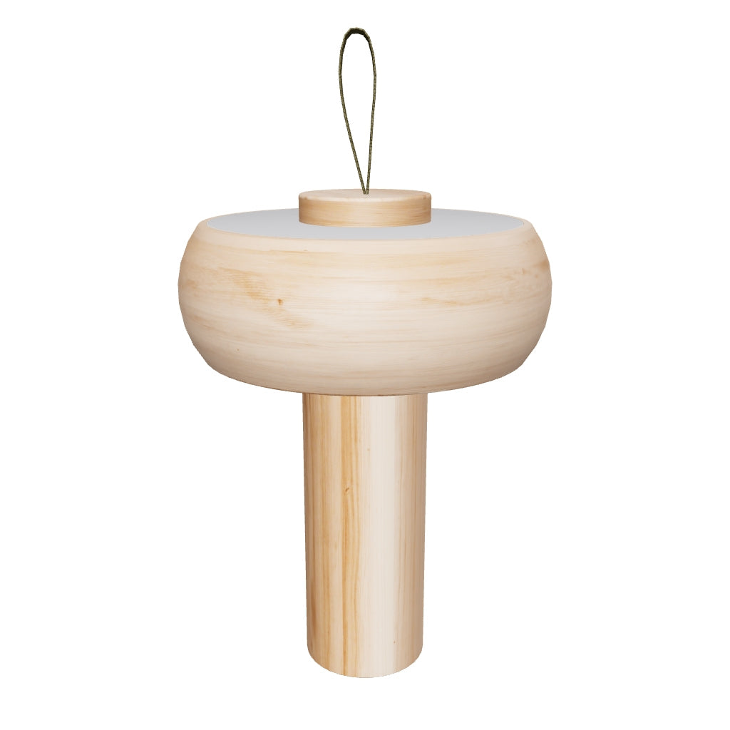 Tragbare Luba Tischlampe aus hellem Eschenholz mit grünem Griff aus Baumwolle, modernes und funktionales Design.