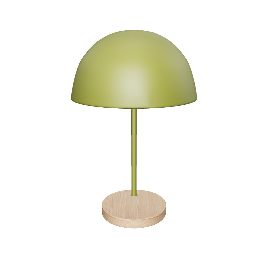 Tischlampe Catlar aus Eschenholz mit grün lackiertem Metallschirm, modernes Design für stilvolle Wohnräume.