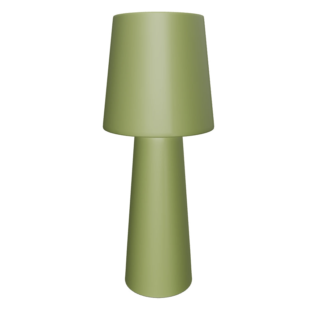 Kleine Outdoor-Tischlampe Arenys aus grün lackiertem Metall mit modernem Design.
