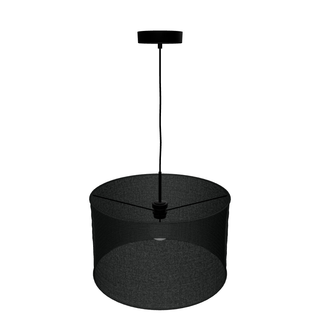 Leinenschirm in Schwarz mit 50 cm Durchmesser und 30 cm Höhe, kombiniert mit dezenten Holzakzenten für eine moderne Deckenbeleuchtung.