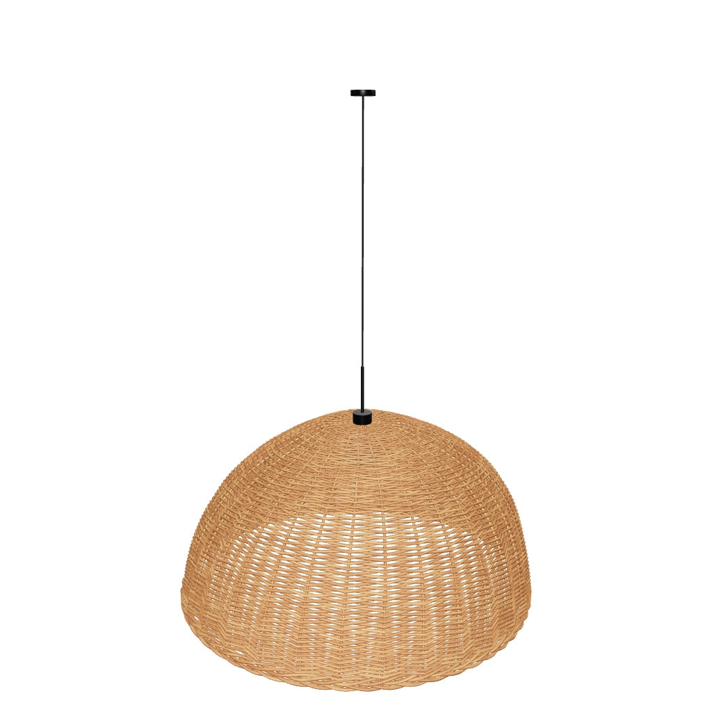 Runder Lampenschirm aus geflochtenem Rattan mit natürlichem Finish und großzügigem Durchmesser, ideal für eine warme und einladende Beleuchtung.