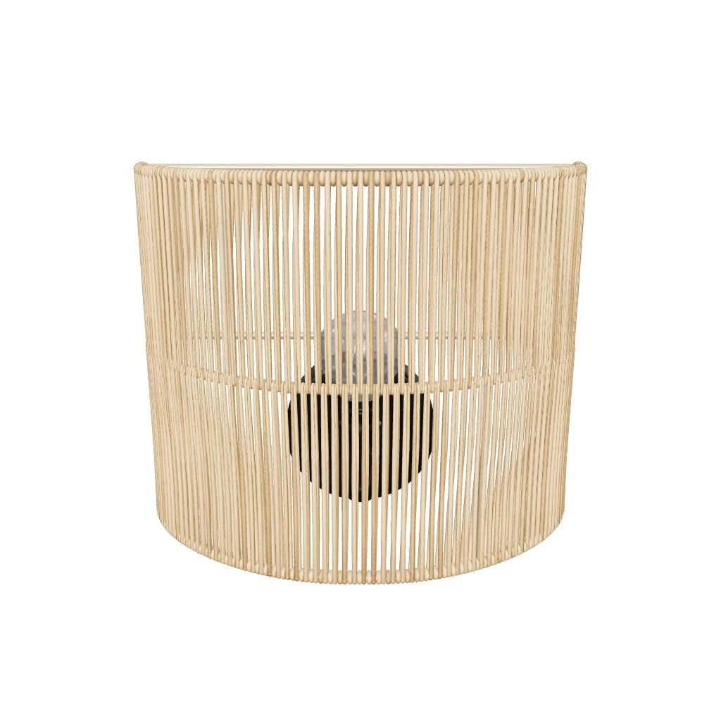 Wandleuchte Canar mit Jute-Schirm und naturfarbenem Design, kombiniert mit einem Sockel aus Massivholz – eine umweltfreundliche und elegante Beleuchtungslösung.
